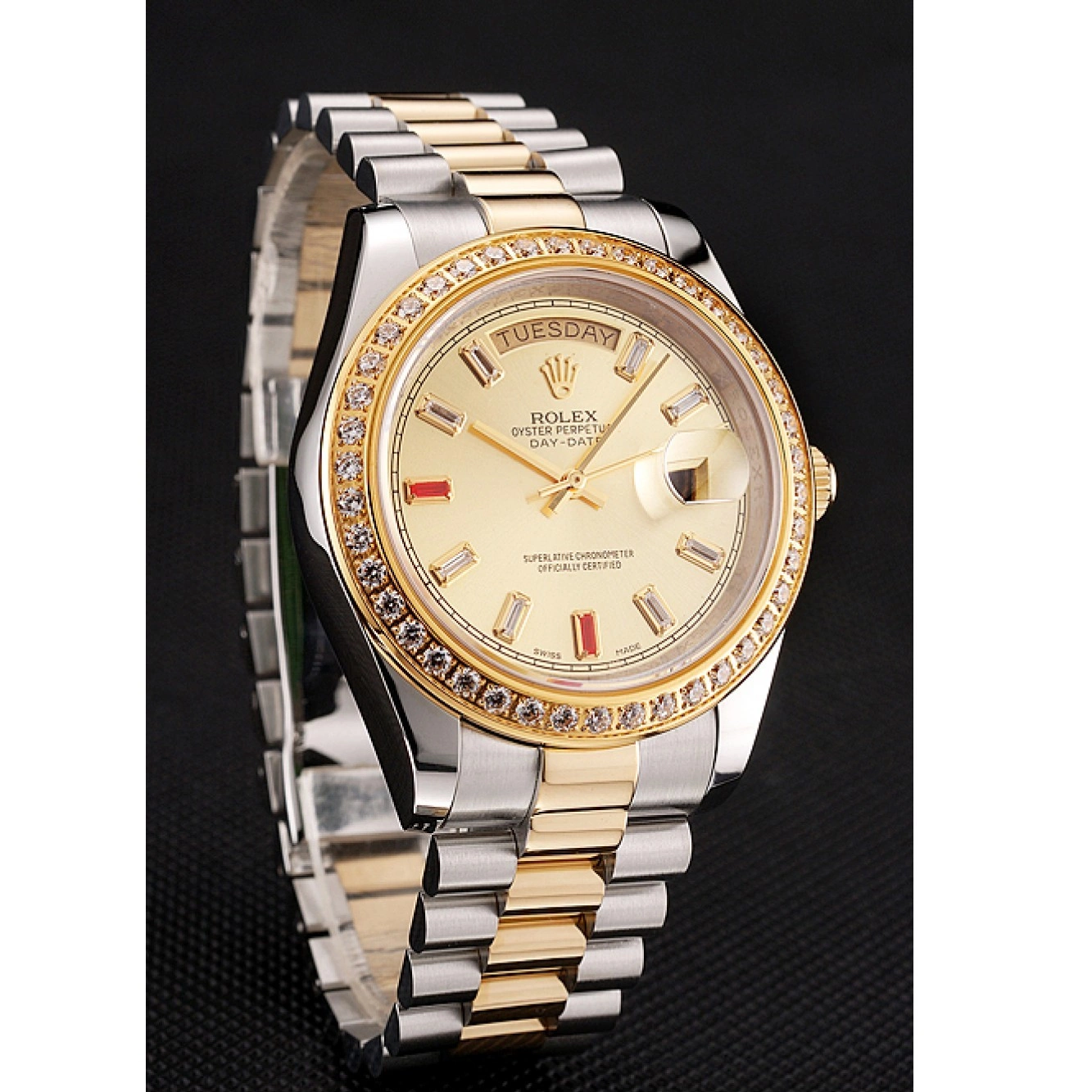 AAA Replica Watches Swiss Dial Diamonds Bracelet And 1454104 Tone Two Rubies Rolex Champagne Day-Date 0517